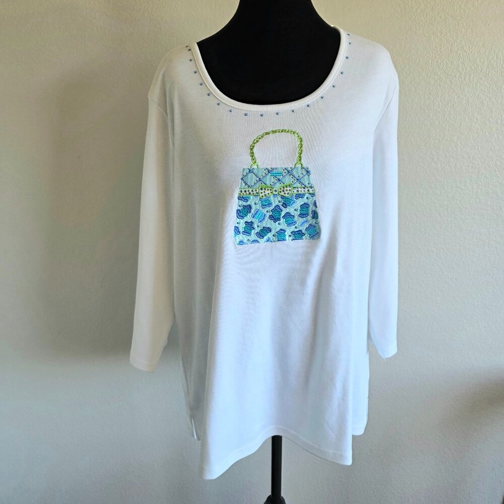 NEW Quacker Factory T-Shirt Size XL Handbag Purse Rhinestones Fashion White